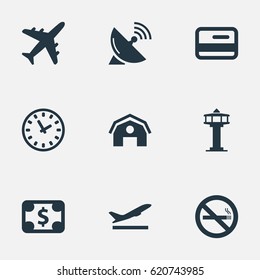 Vector Illustration Set Of Simple Travel Icons. Elements Credit Card, Takeoff, Plane And Other Synonyms Takeoff, Tower And Satelite.