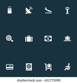 Vector Illustration Set Of Simple Travel Icons. Elements Luggage Carousel, Flight Control Tower, Baggage Cart And Other Synonyms Passport, Credit And Card.
