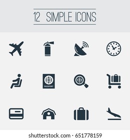 Vector Illustration Set Of Simple Travel Icons. Elements Seat, Plane, Protection Tool And Other Synonyms Man, Plane And Earth.