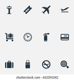 Vector Illustration Set Of Simple Travel Icons. Elements Protection Tool, Cigarette Forbidden, Takeoff And Other Synonyms Flight, Bag And Luggage.
