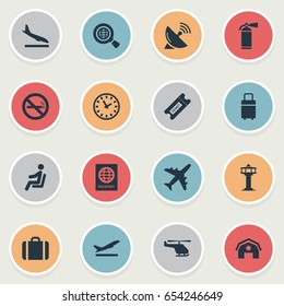 Vector Illustration Set Of Simple Travel Icons. Elements Travel Bag, Watch , Handbag Synonyms Plane, Garage And Satelite.
