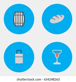 Vector Illustration Set Of Simple Travel Icons. Elements Bakery, Wine, Baggage And Other Synonyms Bakery, Luggage And Barrel.