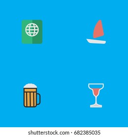 Vector Illustration Set Of Simple Travel Icons. Elements Wine, Certificate, Boat And Other Synonyms Ship, Sailboat And Boat.