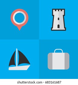 Vector Illustration Set Of Simple Travel Icons. Elements Bag, Schooner, Mark And Other Synonyms Schooner, Location And Castle.