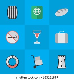 Vector Illustration Set Of Simple Travel Icons. Elements Wine, Bag, Tower And Other Synonyms Bakery, Lifebuoy And Defence.