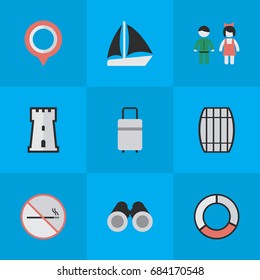 Vector Illustration Set Of Simple Travel Icons. Elements Smoke Forbidden, Baggage, Schooner And Other Synonyms Mark, Bag And Tower.