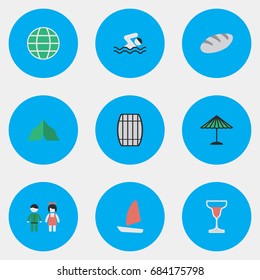 Vector Illustration Set Of Simple Travel Icons. Elements Pool, Cask, World And Other Synonyms Cocktail, Camping And Umbrella.