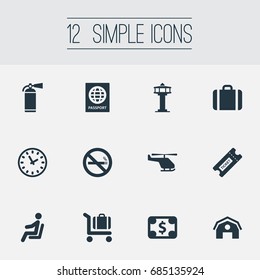 Vector Illustration Set Of Simple Travel Icons. Elements Garage, Coupon, Baggage Cart And Other Synonyms Copter, Watch And Suitcase.