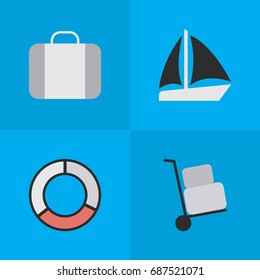 Vector Illustration Set Of Simple Travel Icons. Elements Bag, Schooner, Cargo And Other Synonyms Sea, Lifebelt And Lifebuoy.