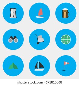 Vector Illustration Set Of Simple Travel Icons. Elements Schooner, Flag, Tower And Other Synonyms World, Globe And Camping.