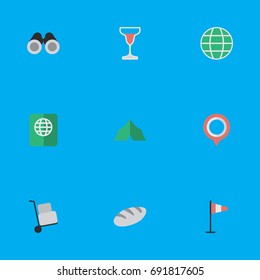 Vector Illustration Set Of Simple Travel Icons. Elements Camping, Wine, World And Other Synonyms Flag, Passport And World.