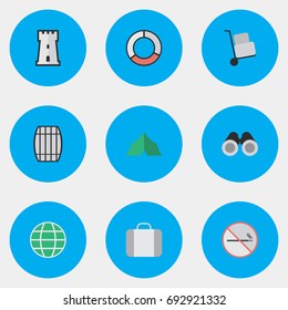 Vector Illustration Set Of Simple Travel Icons. Elements Smoke Forbidden, Bag, Sea Rescue And Other Synonyms Castle, Camping And Luggage.