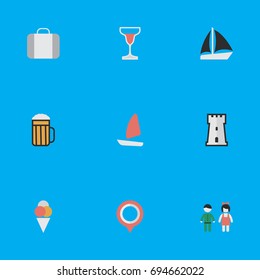 Vector Illustration Set Of Simple Travel Icons. Elements Sorbet, Boat, Pub And Other Synonyms Sailboat, Ship And Defence.