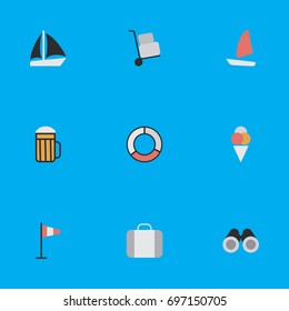 Vector Illustration Set Of Simple Travel Icons. Elements Pub, Optical Zoom, Cargo And Other Synonyms Boat, Luggage And Alcohol.