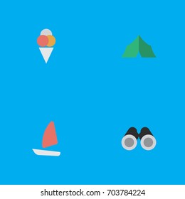 Vector Illustration Set Of Simple Travel Icons. Elements Camping, Sorbet, Optical Zoom And Other Synonyms Boat, Tent And Sorbet.