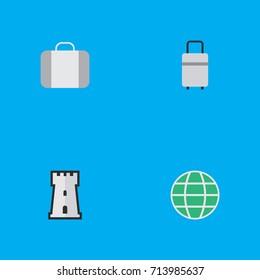 Vector Illustration Set Of Simple Travel Icons. Elements Baggage, World, Tower And Other Synonyms Planet, Luggage And World.