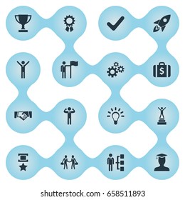 Vector Illustration Set Of Simple Trophy Icons. Elements Attainment, Correct Sign, Money Suitcase And Other Synonyms Correct, Handshake And Graduation.