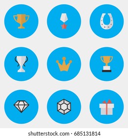 Vector Illustration Set Of Simple Trophy Icons. Elements Brilliant, Metal, Corona And Other Synonyms Present, Gift And Coronet.