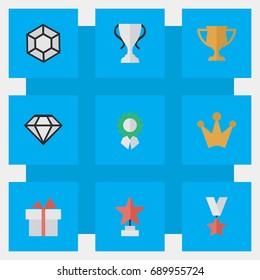 Vector Illustration Set Of Simple Trophy Icons. Elements Trophy, Present, Diamond And Other Synonyms Diamond, Star And Brilliant.