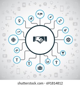 Vector Illustration Set Of Simple Trophy Icons. Elements Successful Person, Diagram, Development And Other Synonyms Firecracker, Gears And Agreement.