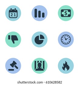 Vector Illustration Set Of Simple Trouble Icons. Elements Fire, Finger Below, Tribunal And Other Synonyms Hammer, Circular And Watch.