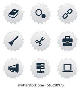 Vector Illustration Set Of Simple UI Icons. Elements Hand Lantern, Chain, Laptop Synonyms Briefcase, Printer And Printing.