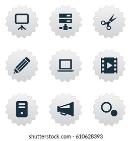 Vector Illustration Set Of Simple UI Icons. Elements Bullhorn, Laptop, Pen And Other Synonyms Sketch, Illustration And Tools.