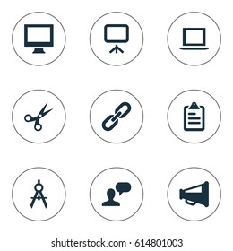 Vector Illustration Set Of Simple UI Icons. Elements Schedule, Assessment, Board And Other Synonyms Laptop, Project And Circle.