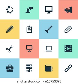 Vector Illustration Set Of Simple UI Icons. Elements Laptop, Display, Movie And Other Synonyms Progress, Inventory And Advertising.