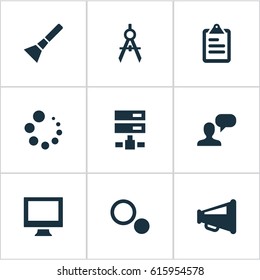 Vector Illustration Set Of Simple UI Icons. Elements Display, Loading, Blueprint And Other Synonyms Gadget, List And Flashlight.