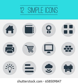Vector Illustration Set Of Simple UI Icons. Elements Constructing, Home Pin, Printer And Other Synonyms Construction, Champion And Design.