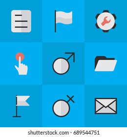 Vector Illustration Set Of Simple UI Icons. Elements Mars Sign, Document, Settings And Other Synonyms Red, Female And File.