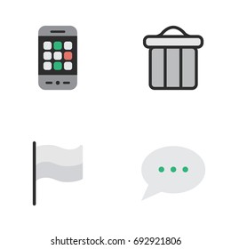 Vector Illustration Set Of Simple UI Icons. Elements Flag, Message Bubble, Trashcan And Other Synonyms Phone, Pointer And Smartphone.