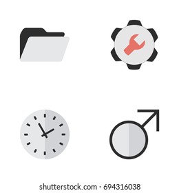 Vector Illustration Set Of Simple UI Icons. Elements Mars Sign, File, Settings And Other Synonyms Man, Time And Settings.