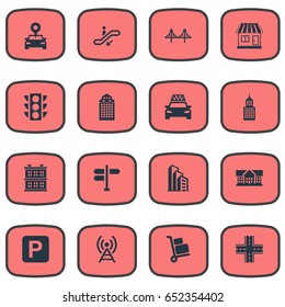 Vector Illustration Set Of Simple Urban Icons. Elements Intersection, Airport Cart, Signal Transmitter And Other Synonyms Direction, Connection And Rope.