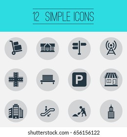 Vector Illustration Set Of Simple Urban Icons. Elements Intersection, Airport Cart, Kiosk And Other Synonyms Megapolis, Construction And School.
