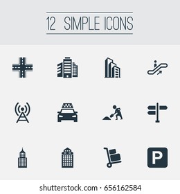 Vector Illustration Set Of Simple Urban Icons. Elements Corporation, Skyscraper, Direction And Other Synonyms Skyscraper, Office And Antenna.