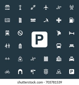 Vector Illustration Set Of Simple Urban Icons. Elements Skyscraper, Escalator, School And Other Synonyms Building, Parking And Tower.
