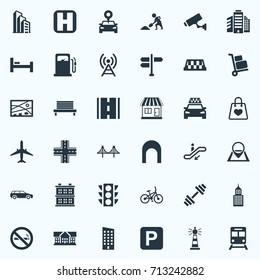 Vector Illustration Set Of Simple Urban Icons. Elements Car, Escalator, Bed And Other Synonyms Institute, Map And Cityscape.