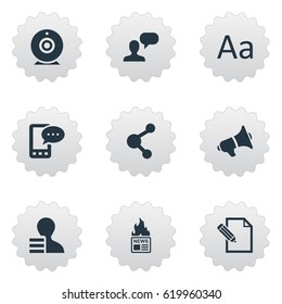 Vector Illustration Set Of Simple User Icons. Elements Broadcast, Loudspeaker, E-Letter And Other Synonyms Alphabet, Share And Contract.