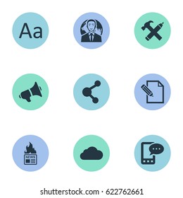 Vector Illustration Set Of Simple User Icons. Elements International Businessman, E-Letter, Repair And Other Synonyms Loudspeaker, Alphabet And Megaphone.