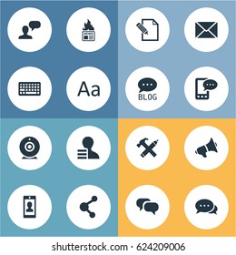 Vector Illustration Set Of Simple User Icons. Elements Profile, Loudspeaker, Site And Other Synonyms Pencil, E-Letter And Speech.