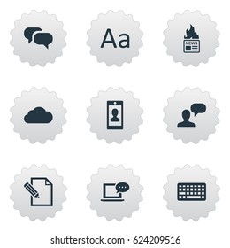 Vector Illustration Set Of Simple User Icons. Elements Document, Laptop, Cedilla And Other Synonyms Man, Writing And Laptop.