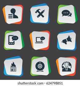 Vector Illustration Set Of Simple User Icons. Elements Broadcast, Gain, Loudspeaker And Other Synonyms E-Letter, Coming And Loudspeaker.