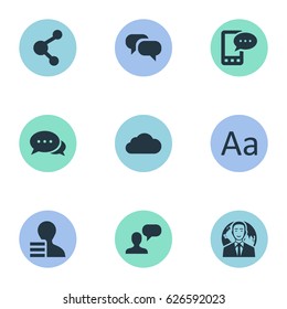 Vector Illustration Set Of Simple User Icons. Elements Gain, Cedilla, Share And Other Synonyms Overcast, Gain And Network.