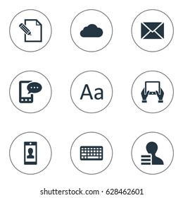 Vector Illustration Set Of Simple User Icons. Elements Overcast, Post, Cedilla And Other Synonyms Cedilla, Notepad And Sky.