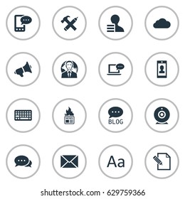 Vector Illustration Set Of Simple User Icons. Elements Keypad, Laptop, Cedilla And Other Synonyms Pen, Profit And Sky.