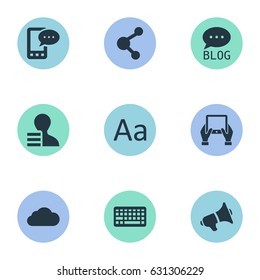 Vector Illustration Set Of Simple User Icons. Elements Cedilla, Notepad, Loudspeaker And Other Synonyms Overcast, Keypad And Cloud.