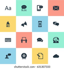 Vector Illustration Set Of Simple User Icons. Elements Keypad, E-Letter, Cedilla And Other Synonyms Gazette, Missive And Tablet.