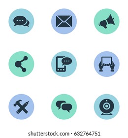 Vector Illustration Set Of Simple User Icons. Elements Repair, Broadcast, Share And Other Synonyms Notepad, Conversation And Message.